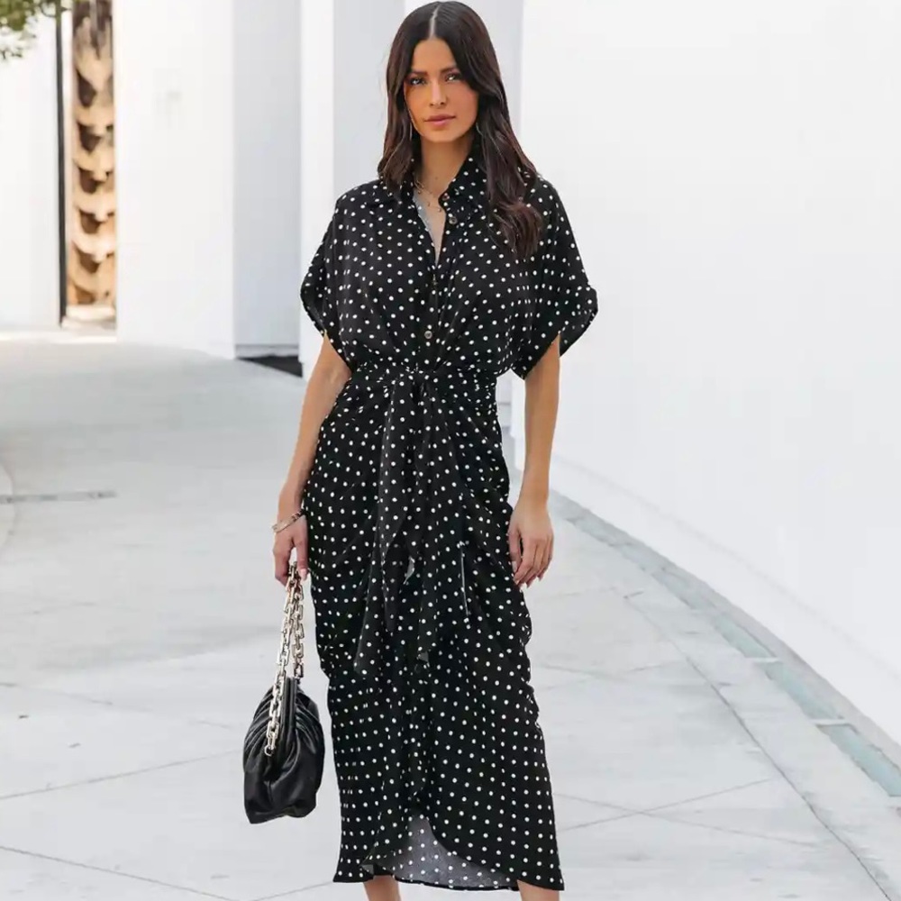New With Tags Polka Dot Tie Front Midi Shirt Dress